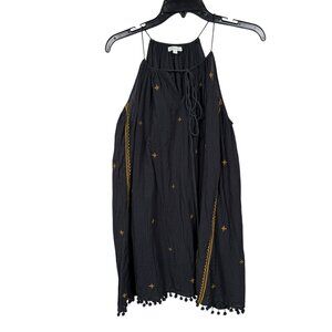 Star Mela Top Small Dark Blue Yellow Embroidered Gauzy Beach Coverup Pom Pom